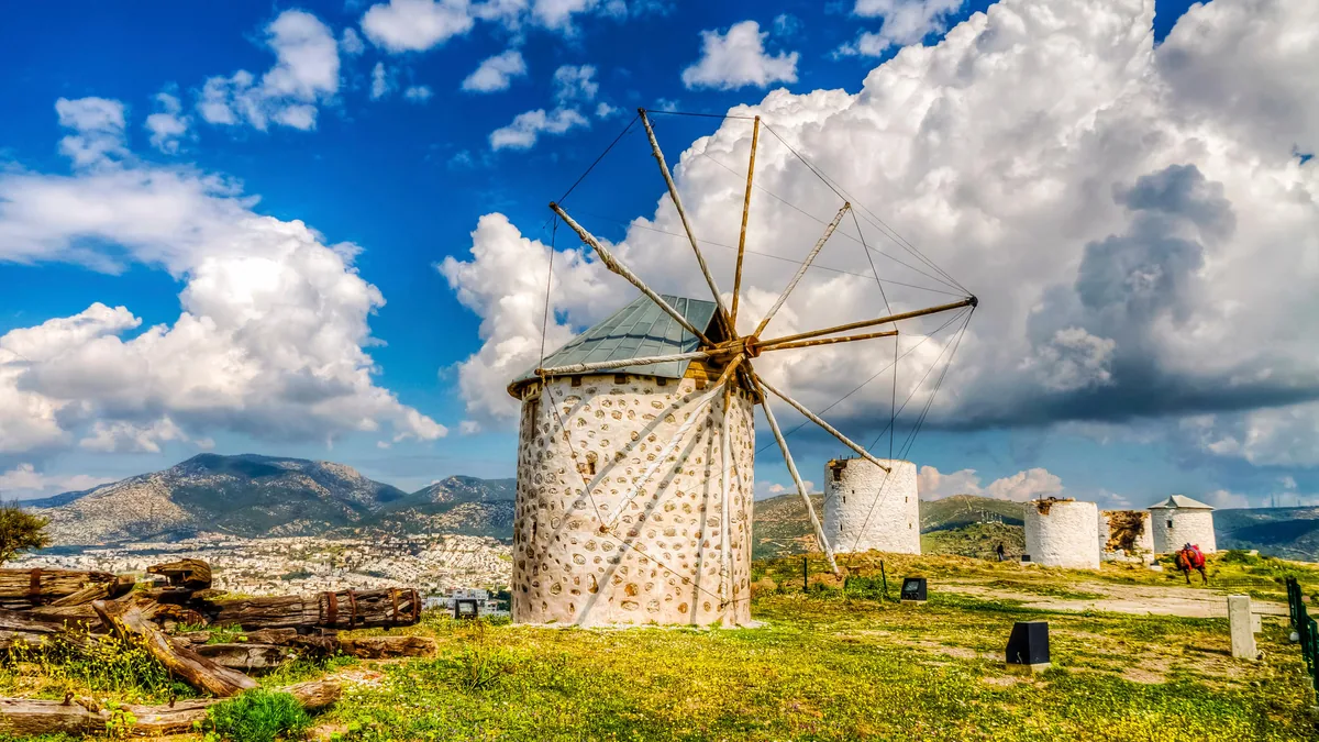 Bodrum windmills and bay view